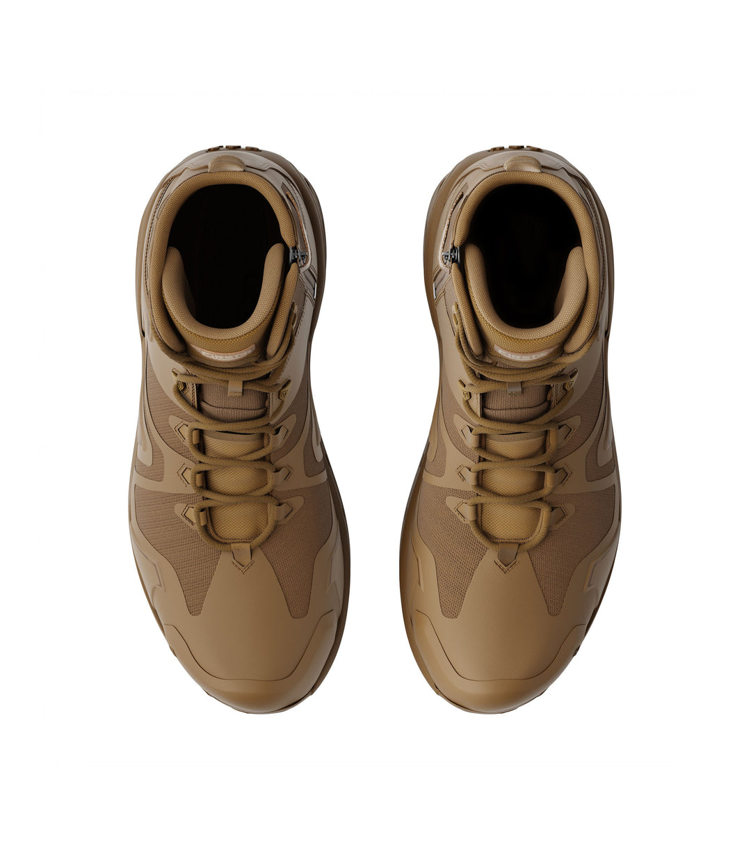 Top view of side by side boot view of 5 inch side-zip mid boot in color coyote