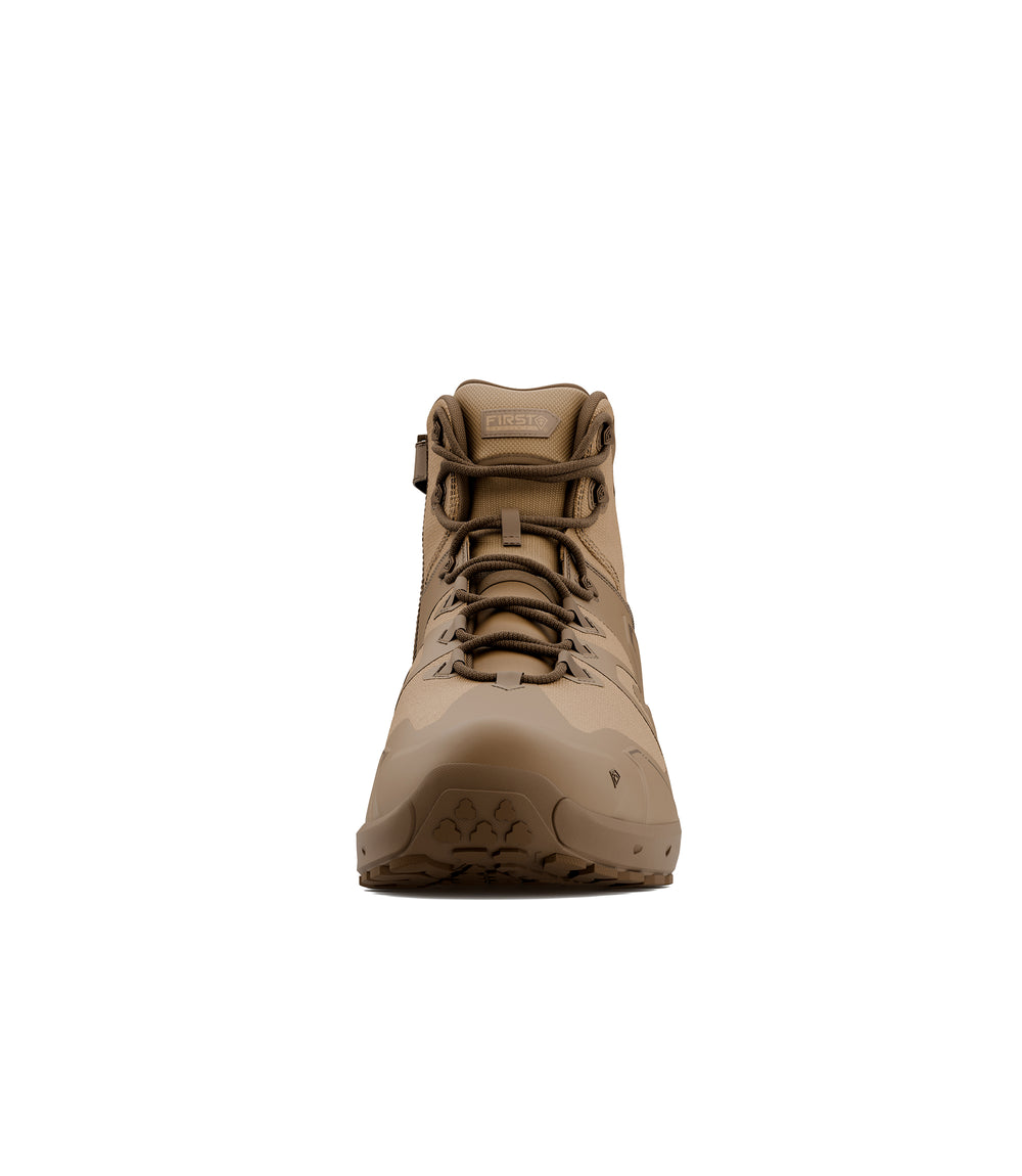 Front view of 5 inch side-zip mid boot in color coyote