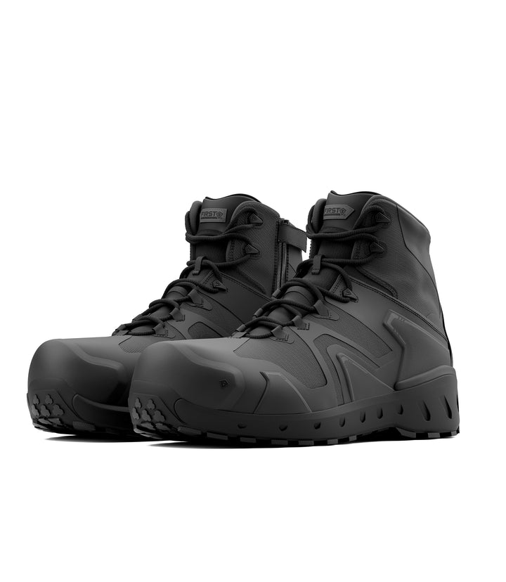 Side by side photo of Men's 5" AERO-TAC™ Safety Toe Side-Zip Mid Boot in black|color_black