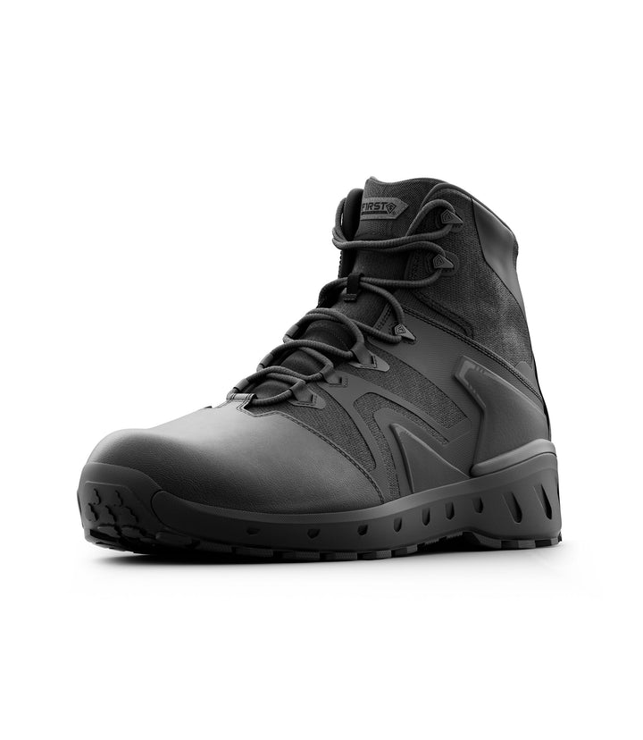 Front right side angle view of 5 inch AERO-TAC polished side-zip boot in color black