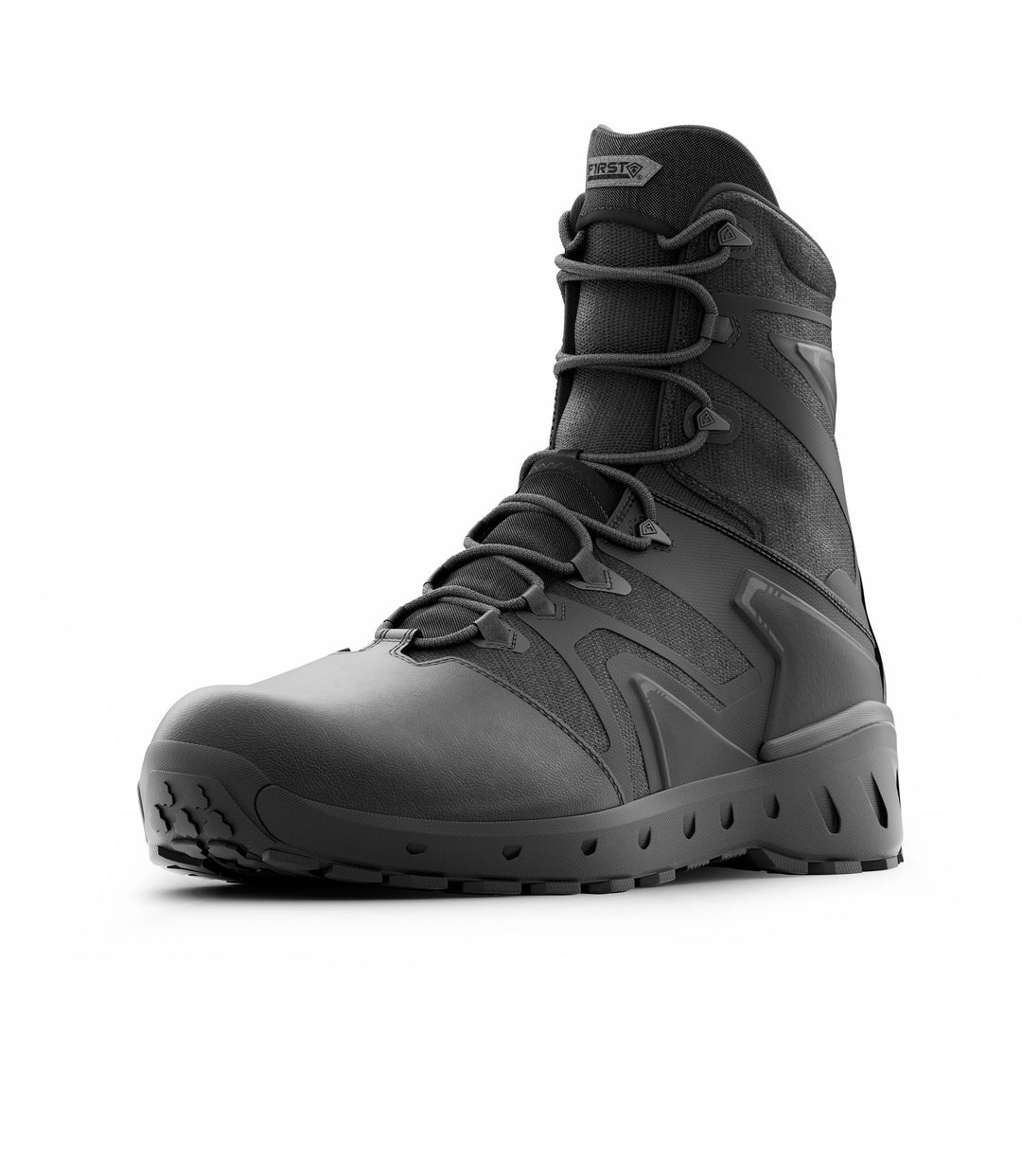 Front right side angle view of 8 inch AERO-TAC polished side-zip boot in color black