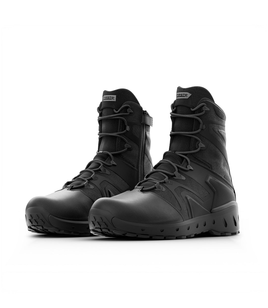 Left Side by side boot view of 8 inch AERO-TAC polished side-zip boot in color black