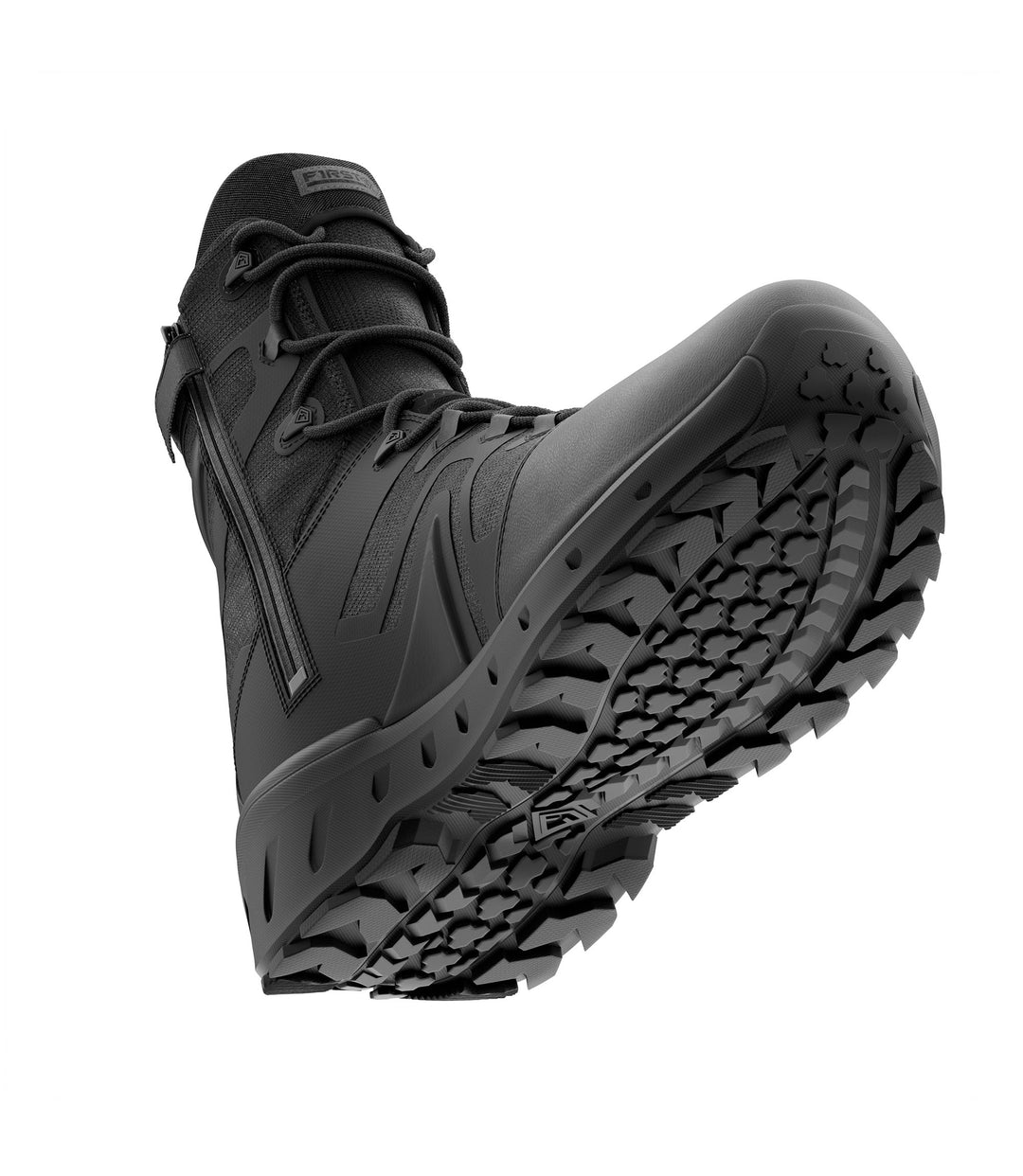 Bottom side view of 8 inch AERO-TAC polished side-zip boot in color black