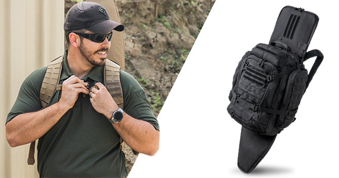 All of First Tactical's Backpacks feature our ingenious Hook and Hang Thru™ System, allowing users to slide our Rifle Sleeves along the back of the pack for hand-free and secure weapons transportation.  