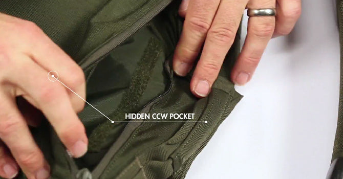 The back pocket opens to a normal pocket, while the back wall opens at the top, revealing the CCW compartment.