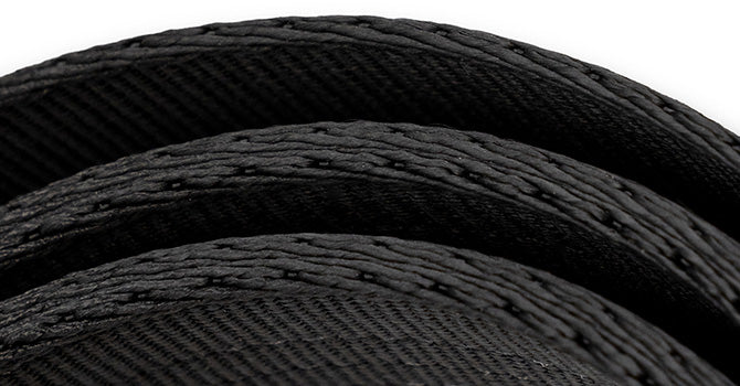 Sturdy, high density webbing is strong, designed with a twill weave edge for smoother belt loop feeding, and featuring a straight profile for strength and sophistication.