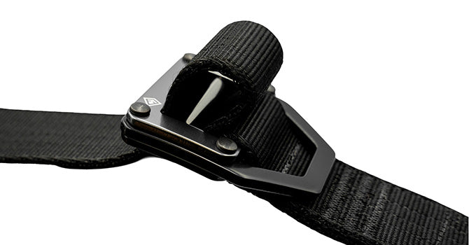 The Tactical belt features a "sandwich" style buckle with an aluminum - steel - aluminum configuration allowing for exceptional stability.
