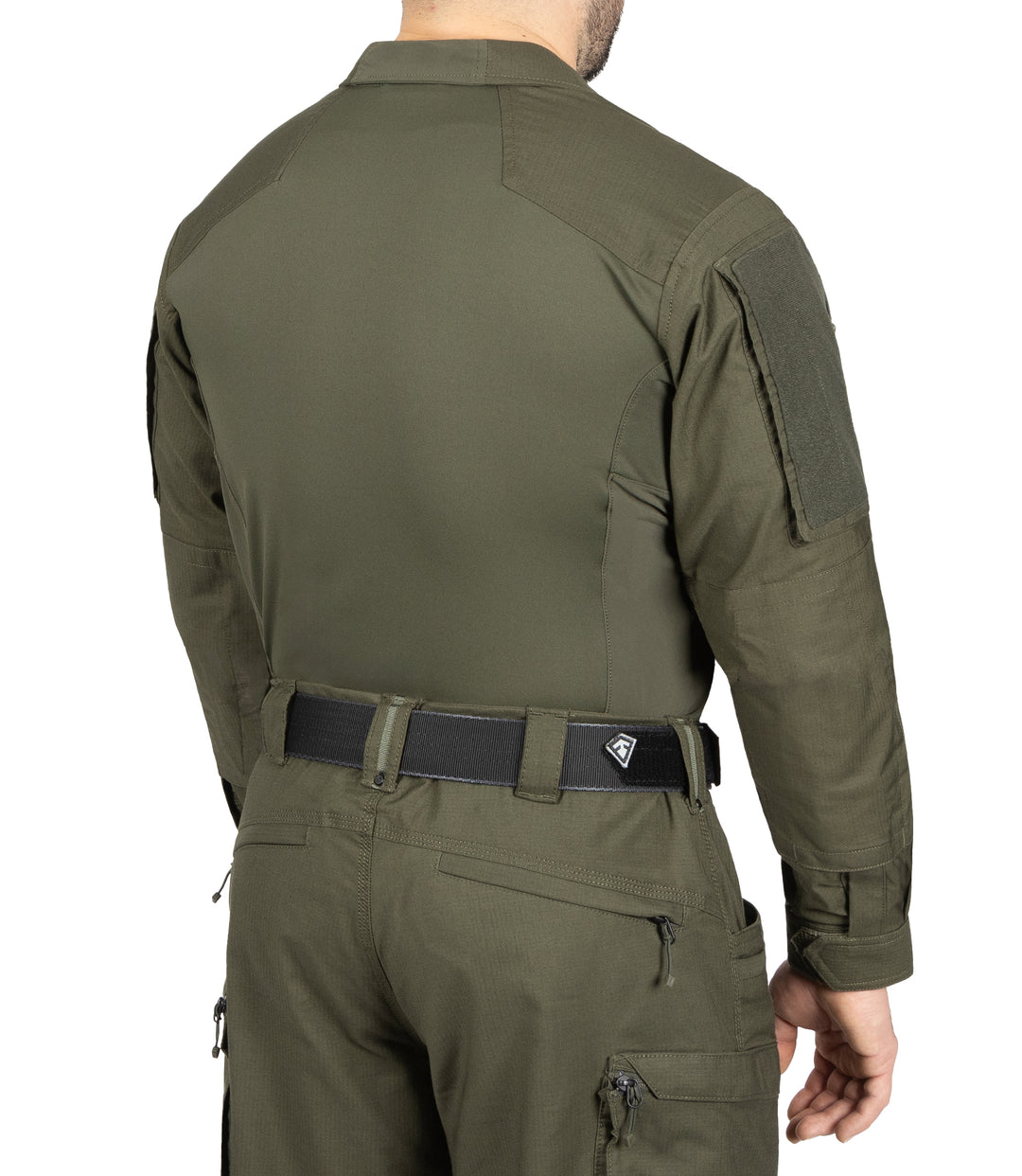 Back of Men's Defender Shirt in OD Green